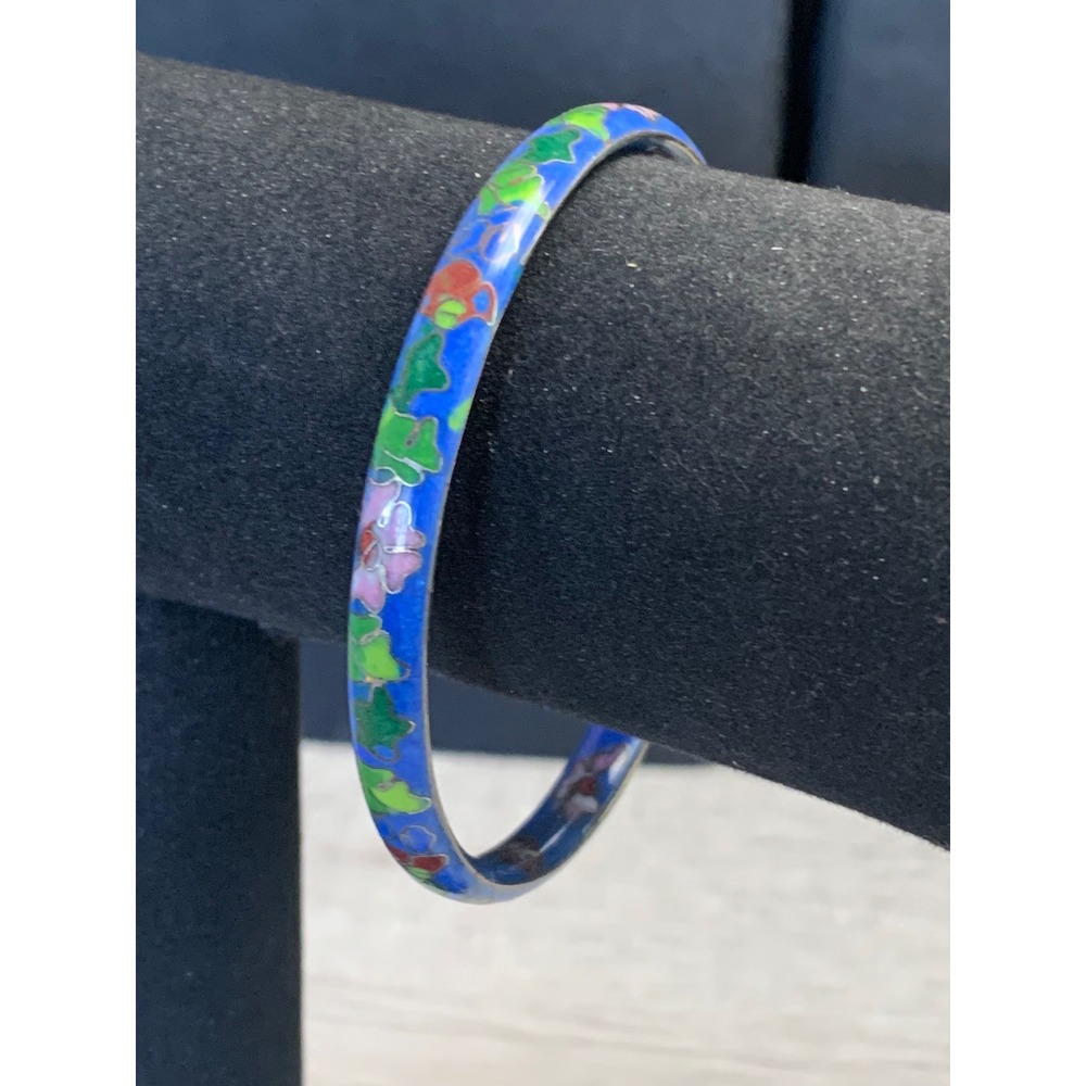 Vintage Blue Cloisonne Enamel Floral Bangle Bracelet 8.25 Inch Stackable